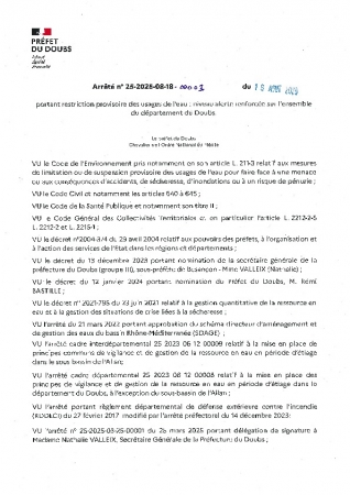 ARRETE RESTRICTION USAGES EAU DU 18 AOUT 2025