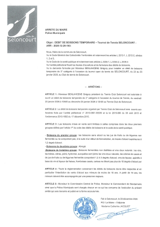 ARR20251229-153 Arrêté de débit de boisson temporaire - tournoi de tennis Seloncourt - Tennis club Seloncourt - du 23 au 25 janvier 2026