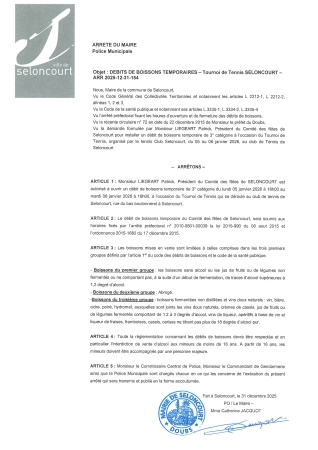 ARR20251231-154 Arrêté d'autorisation d'ouverture temporaire d'un débit de boisson - Comité des fêtes Seloncourt - tournoi de tennis - du 05 au 06 janvier 2026