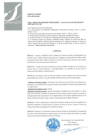 ARR20251231-155 Arrêté d'autorisation d'ouverture temporaire d'un débit de boisson - Comité des fêtes Seloncourt - tournoi de tennis - du 09 au 10 janvier 2026