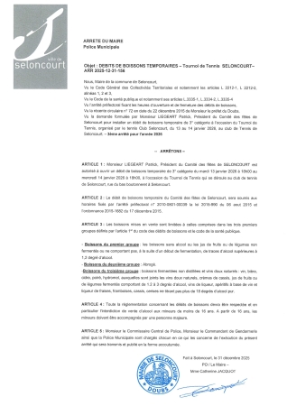 ARR20251231-156 Arrêté d'autorisation d'ouverture temporaire d'un débit de boisson - Comité des fêtes Seloncourt - tournoi de tennis - du 13 au 14 janvier 2026
