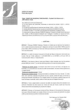 ARR2026-01-14-05 Arrêté d'autorisation d'ouverture temporaire de débit de boissons - Football Club Seloncourt - tennis club - 21 janvier 26