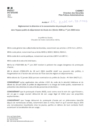 Arrêté de réglementation détention et consommation protoxyde d'azote 2 février à 30 juin 2026