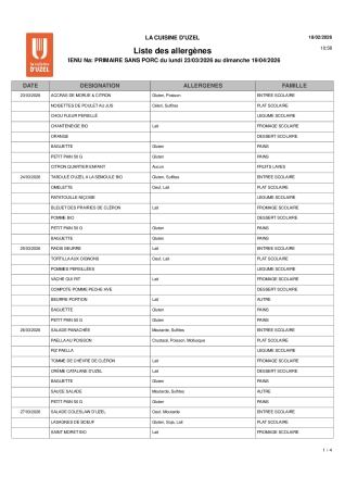 Liste des allergènes sans porc 23 mars au 17 avril