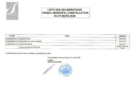 LISTE DES DELIBERATIONS CM INSTALLATION DU 21-03-26