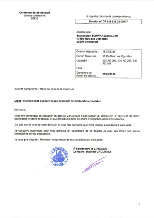 DP 26 00017 Sucession SCHWARTZWALDER Retrait