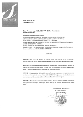 ARR2026-04-02-69 Arrêté de travaux refection fouille enrobé rue audincourt société CLIMENT TP