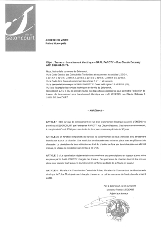ARR2026-04-03-70 Arrêté de circulation pour travaux - Branchement Enedi - rue Claude Debussy - SARL Paroty - 30 jours