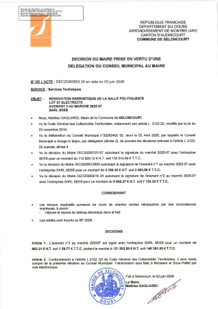 DEC20260603-20 AVT 3 MARCHE 202507 RENOVATION ENERGETIQUE SALLE POLYVALENTE - LOT 07- SARL SEEB