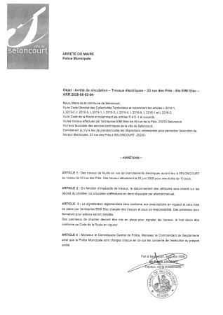 ARR20260602-94 Arrêté autorisation de travaux EIMI ELEC 35 rue des Prés le 22 juin pendant 10 jours