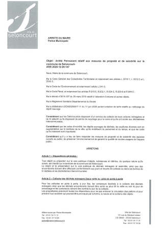 ARR20251229-147 Arrêté permanent relatif aux mesures de propreté et de salubrité sur la commune de Seloncourt