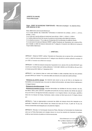 ARR2026-06-10-100 Arrêté autorisation ouverture temporaire débit de boissons la Jeanne d'Arc Seloncourt