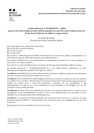Arrêté préfectoral n°25-2026-06-24 restriction temporaire des activités physiques et sportives dans le département du Doubs