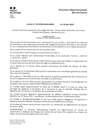 Arrêté Préfectoral n°&nbsp;25-2026-06-26 RESTRICTION PROVISOIRE DES USAGES DE L'EAU