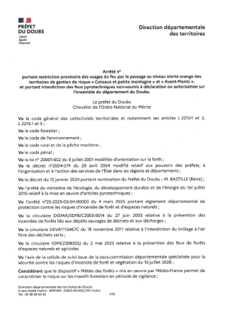 ARRETE PREFET PORTANT RESTRICTION DES USAGES DU FEU NIVEAU ALERTE ORANGE
