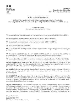 ARRETE PREFET REGLEMENTANT LA DETENTION ET CONSOMMATION PROTOXYDE AZOTE