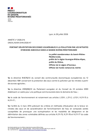 ARRETE 30 JUILLET 2026 PORTANT DELIMITATIOIN DES ZONES DE  POLLUTION PAR NITRATES ORIGINE AGRICOLE