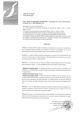 ARR2026-09-07-141 Arrêté autorisation de buvette la Jeanne d'Arc compétition tir à l'arc