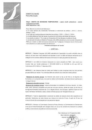 ARR2026-09-07-142 Arrêté autorisation de buvette temporaire cercle cartophile de PMA 29 novembre 2026