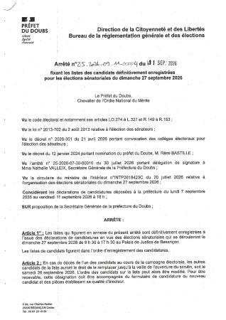 Arrêté candidatures Sénatoriales 2026 Doubs_