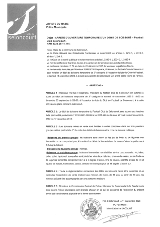 ARR2026-09-11-144 Arrêté autorisation ouverture temporaire débit boissons - Loto FC Seloncourt