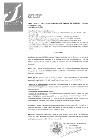 ARR2026-09-11-145 Arrêté autorisation ouverture temporaire débit boissons - Loto FC Seloncourt